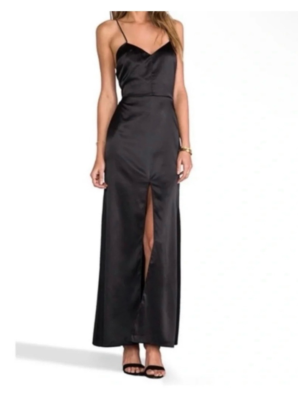 For Love and Lemons Satin Maxi Dress Slit Low Back Black Size M
